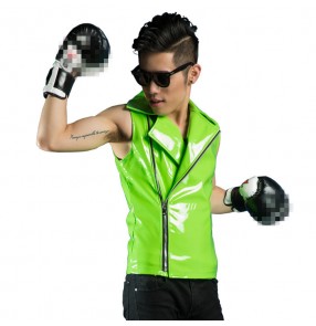 Neon green fluorescent  pu leather motorcycle style fashion jazz hop punk rock performance singer dance vest  short coat  tops